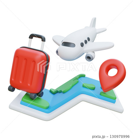 3D cartoon style Travel Concept Airplane, Suitcase, Map, and Location Pin 130978996