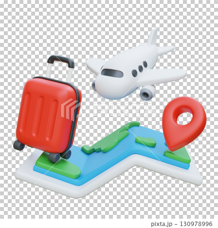 3D cartoon style Travel Concept Airplane, Suitcase, Map, and Location Pin 130978996