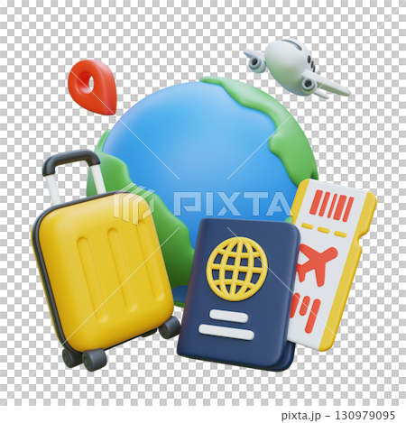 3D cartoon style Travel Planning and Vacation Concept with Globe, Suitcase, Passport, and Airplane 130979095