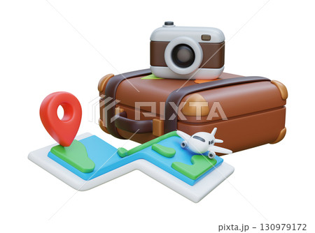 3D Cartoon Style Travel Essentials Suitcase, Camera, Map and Airplane 130979172