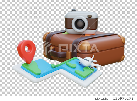 3D Cartoon Style Travel Essentials Suitcase, Camera, Map and Airplane 130979172