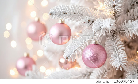 《AI画像》ピンク色のオーナメントで飾りつけた白いクリスマスツリー 130979457