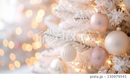 《AI画像》パステルカラーのオーナメントで飾りつけた白いクリスマスツリー 《AI画像》パステルカラーのオーナメントで飾りつけた白いクリスマスツリー 130979541