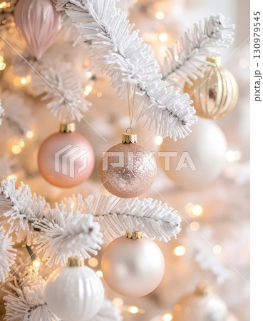 《AI画像》パステルカラーのオーナメントで飾りつけた白いクリスマスツリー 130979545