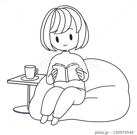 クッションに座って本を読む女性の線画 130979548
