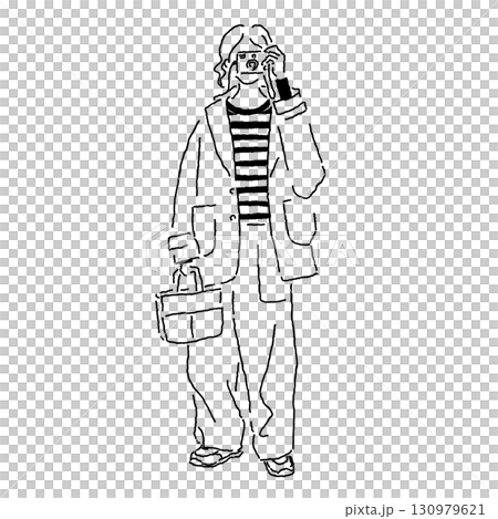 A woman holding a camera Casual fashion illustration of a big silhouette coat and wide pants A woman holding a camera Casual fashion illustration of a big silhouette coat and wide pants 130979621