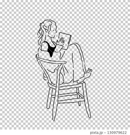 Illustration of a woman reading a book while sitting in a chair and relaxing 130979622