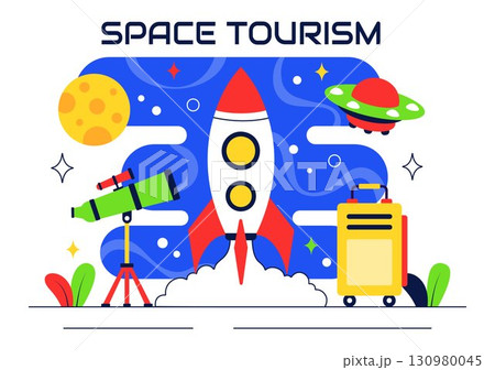 Space Tourism Illustration featuring Multinational Tourists Flying on a Rocket With Views of Outer Space Stations and Several Planets in a Background 130980045
