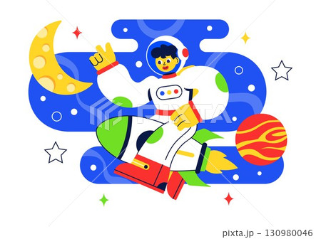 Space Tourism Illustration featuring Multinational Tourists Flying on a Rocket With Views of Outer Space Stations and Several Planets in a Background 130980046