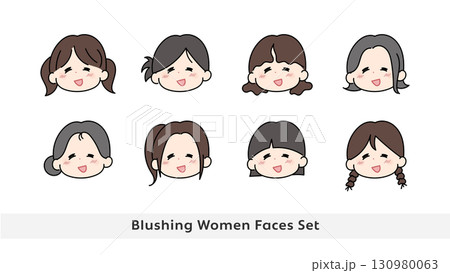 照れた表情のかわいい女性イラスト 顔アイコンセット 130980063