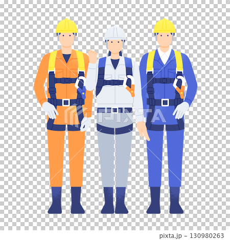 Women are also active. Vector illustration of men and women working in the construction industry wearing full harnesses and helmets 130980263