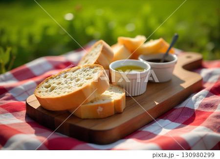 cheese bread on a wooden board 130980299