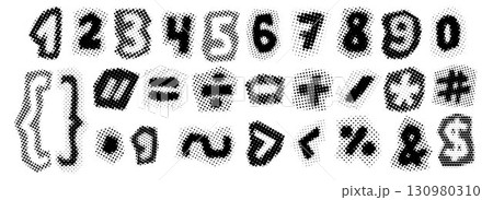 Black halftone numbers and symbols. Retro pixelated punctuation marks and characters. Comic pop art style bundle. Grunge rasterized dotted pack. Aged bitmap newspapers typography set. Vector Black halftone numbers and symbols. Retro pixelated punctuation marks and characters. Comic pop art style bundle. Grunge rasterized dotted pack. Aged bitmap newspapers typography set. Vector 130980310