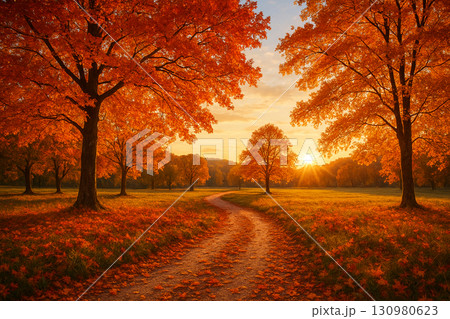 夕日に照らされた紅葉 130980623