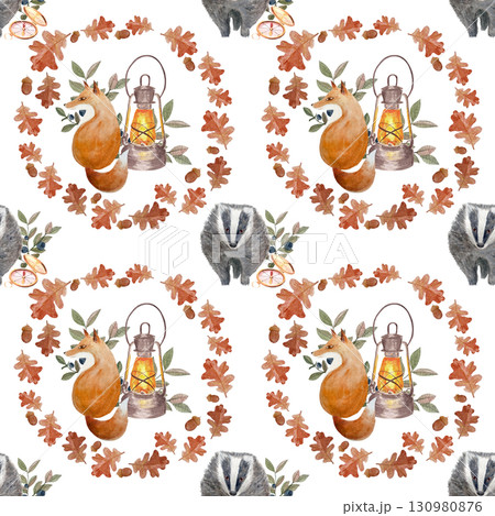 Fox, badger, vintage lantern, oak leaves, acorns, and autumn foliage seamless watercolor pattern on white background, perfect for fabric prints, children products, stationery, seasonal autumn decor 130980876