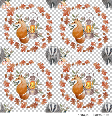 Fox, badger, vintage lantern, oak leaves, acorns, and autumn foliage seamless watercolor pattern on white background, perfect for fabric prints, children products, stationery, seasonal autumn decor 130980876