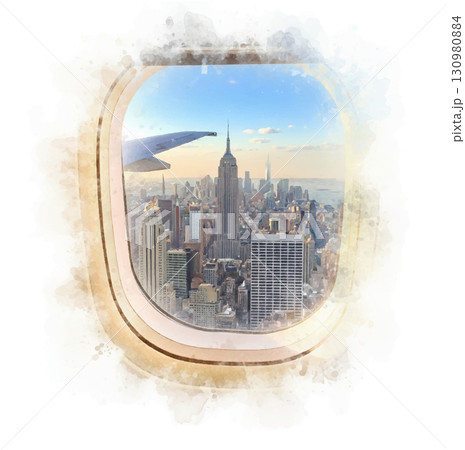 飛行機の窓から見えるエンパイアステートビルとニューヨークの景色 水彩画風 generated AI. 飛行機の窓から見えるエンパイアステートビルとニューヨークの景色 水彩画風 generated AI. 130980884