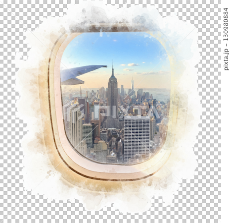 飛行機の窓から見えるエンパイアステートビルとニューヨークの景色 水彩画風 generated AI. 飛行機の窓から見えるエンパイアステートビルとニューヨークの景色 水彩画風 generated AI. 130980884