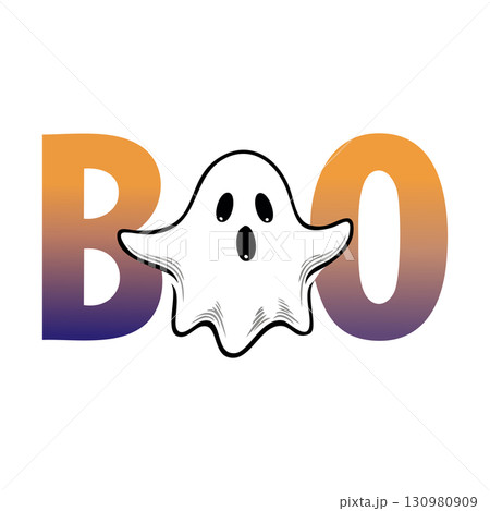 Boo Word Art with Cute White Ghost Character for Halloween Design 130980909