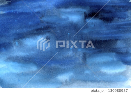 Abstract watercolor stain background. Dark blue hand drawn texture painting template. Brush strokes gradient art with splashes for winter night sky, decoration card, packaging design, book cover Abstract watercolor stain background. Dark blue hand drawn texture painting template. Brush strokes gradient art with splashes for winter night sky, decoration card, packaging design, book cover 130980987