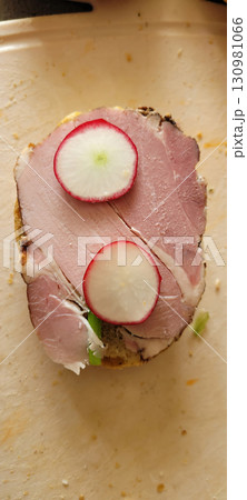 Delightfully OpenFaced Sandwich featuring Fresh Radishes and Savory Ham to Enjoy Delightfully OpenFaced Sandwich featuring Fresh Radishes and Savory Ham to Enjoy 130981066