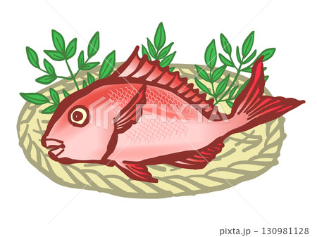 筆で描いた、竹ザルに盛られた魚の「タイ」。真鯛、マダイ、鯛。 130981128
