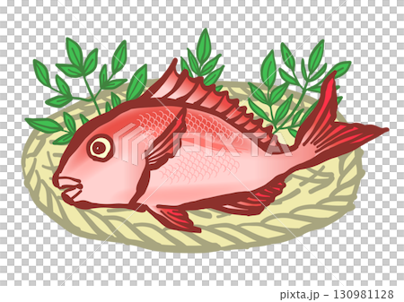 筆で描いた、竹ザルに盛られた魚の「タイ」。真鯛、マダイ、鯛。 130981128