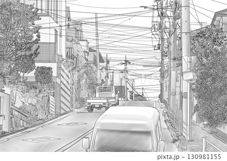 車が走る道路と住宅街トーン風1 車が走る道路と住宅街トーン風1 130981155