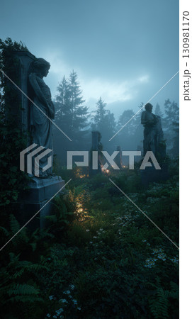Overgrown graveyard twilight spooky atmosphere, statues, mist, eerie, mysterious mood 130981170