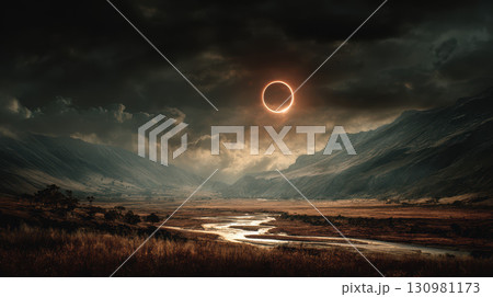 Solar eclipse over dramatic mountain valley landscape with river moody sky, mysterious light Solar eclipse over dramatic mountain valley landscape with river moody sky, mysterious light 130981173