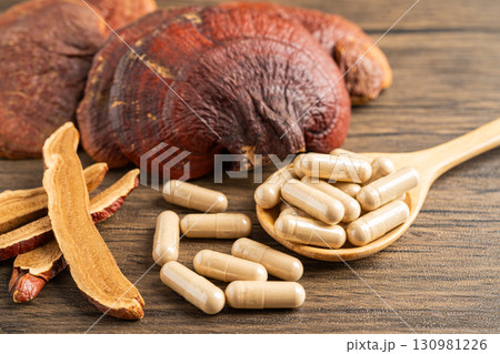 Dried lingzhi mushroom with capsule drug, alternative medicine herbal organic herb. 130981226