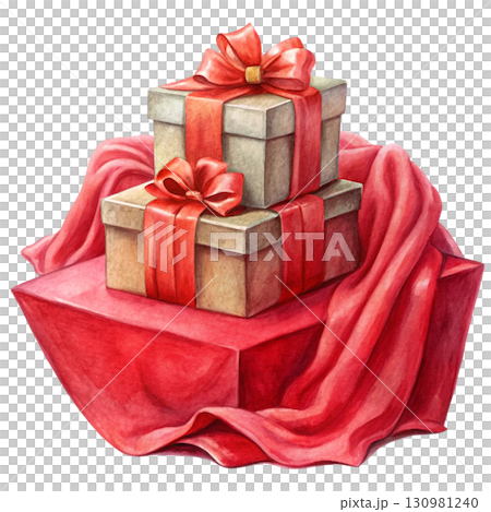 Stack of beautifully wrapped gift boxes completely hidden under a flowing red cloth with soft folds Stack of beautifully wrapped gift boxes completely hidden under a flowing red cloth with soft folds 130981240