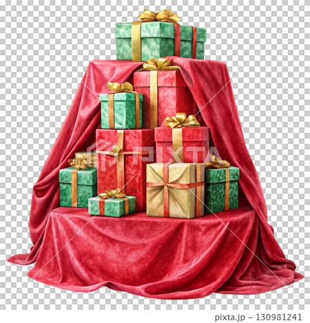 Stack of beautifully wrapped gift boxes completely hidden under a flowing red cloth with soft folds 130981241