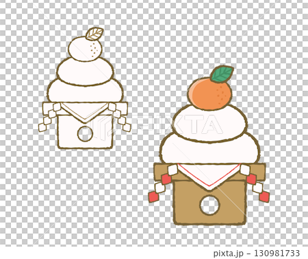 お正月の鏡餅　線画とカラーのセット 130981733