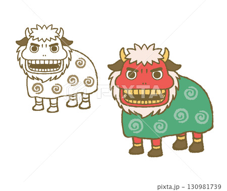 お正月の獅子舞　線画とカラーのセット 130981739