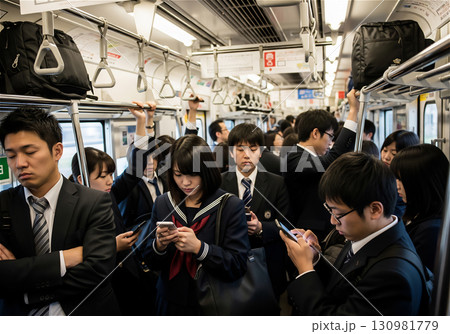 朝の通勤ラッシュで満員電車に揺られるサラリーマンと通勤客のリアルな表情 130981779