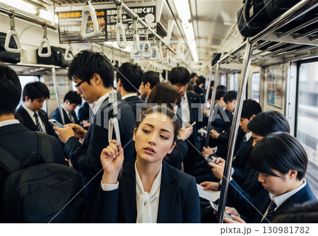 朝の通勤ラッシュで満員電車に揺られるサラリーマンと通勤客のリアルな表情 130981782