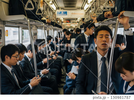朝の通勤ラッシュで満員電車に揺られるサラリーマンと通勤客のリアルな表情 130981787