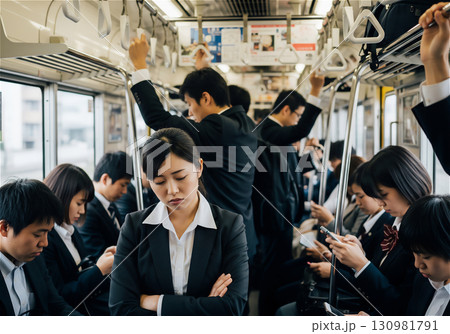 朝の通勤ラッシュで満員電車に揺られるサラリーマンと通勤客のリアルな表情 130981791