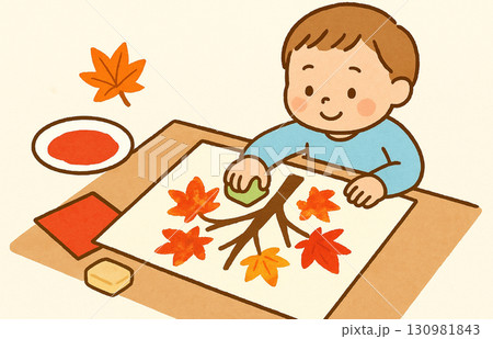 紅葉をイメージして秋の製作をする子ども 130981843