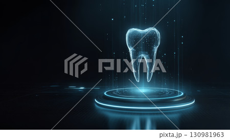 Holographic tooth projection with digital light effects on dark background, futuristic dental technology concept glowing blue 130981963