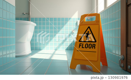 Wet floor caution sign stands in bright bathroom with blue tiles and sunlight casting shadows, creating safe and alert atmosphere Wet floor caution sign stands in bright bathroom with blue tiles and sunlight casting shadows, creating safe and alert atmosphere 130981976