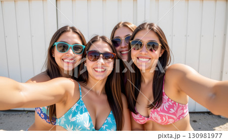 Four young women in colorful bikini tops and sunglasses smiling happily while taking selfie outdoors on sunny day 130981977
