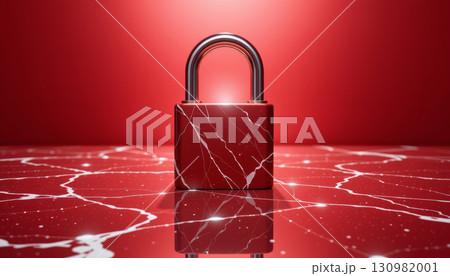 Red marble padlock on reflective surface with radiant light and minimalist concept of security and protection 130982001