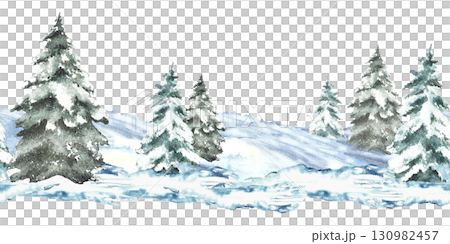Spruce trees forest winter Landscape seamless border. Snowy Hills, Mountains, frosty Pine, Christmas fir evergreen trees. Hand painted watercolor illustration isolated from background holiday pattern Spruce trees forest winter Landscape seamless border. Snowy Hills, Mountains, frosty Pine, Christmas fir evergreen trees. Hand painted watercolor illustration isolated from background holiday pattern 130982457