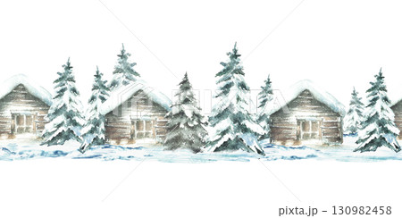 Winter landscape snow covered cabin with snowy spruce tree seamless border. Wooden house, chalet surrounded by snowdrifts. Watercolor painted pattern illustration isolated from background for holiday 130982458