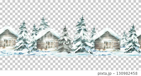 Winter landscape snow covered cabin with snowy spruce tree seamless border. Wooden house, chalet surrounded by snowdrifts. Watercolor painted pattern illustration isolated from background for holiday 130982458