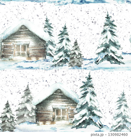 Winter landscape with snow covered house snowy pine tree and snowfall seamless pattern. Wooden cabin Christmas Watercolor hand drawn illustration isolated from background for holiday fabric, wallpaper 130982460
