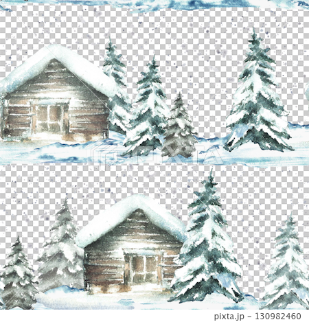 Winter landscape with snow covered house snowy pine tree and snowfall seamless pattern. Wooden cabin Christmas Watercolor hand drawn illustration isolated from background for holiday fabric, wallpaper 130982460