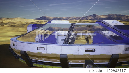 A futuristic laboratory facility stands prominently on an alien landscape, surrounded by rugged terrain. The building features reflective surfaces and advanced architecture, showcasing innovation. A futuristic laboratory facility stands prominently on an alien landscape, surrounded by rugged terrain. The building features reflective surfaces and advanced architecture, showcasing innovation. 130982517